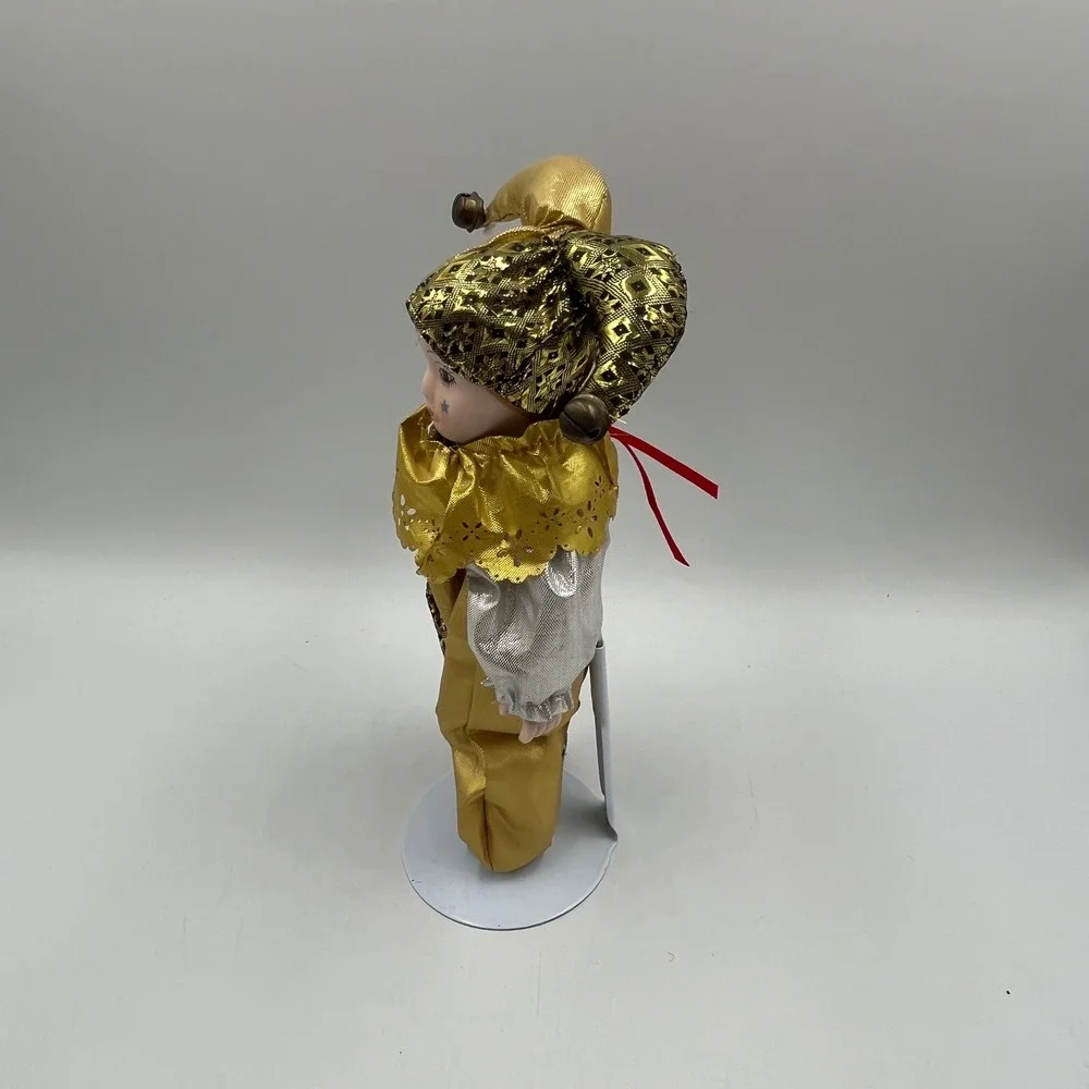 Vintage Porcelain Harlequin Jester Doll Gold Silver Metallic 8.5 Inch with Stand